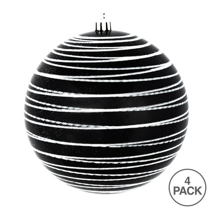 Vickerman 4.75" Black and White Candy Finish Ball Ornament with Glitter Lines 4 per Bag