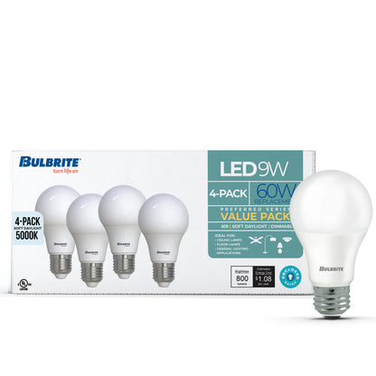 Bulbrite 774256 9W LED A19 60W EQUIV PREFERRED DIMMABLE 5000K E26 120V - 4PK