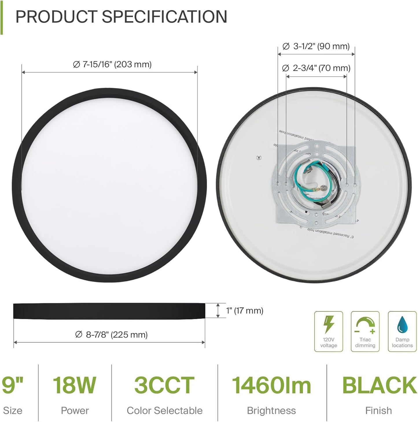ASD Lighting LED Round Surface Mini Panel 9" 18W CCT Selectable 3000/4000/5000K Dimmable Black ETL Energy Star