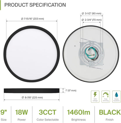 ASD Lighting LED Round Surface Mini Panel 9" 18W CCT Selectable 3000/4000/5000K Dimmable Black ETL Energy Star