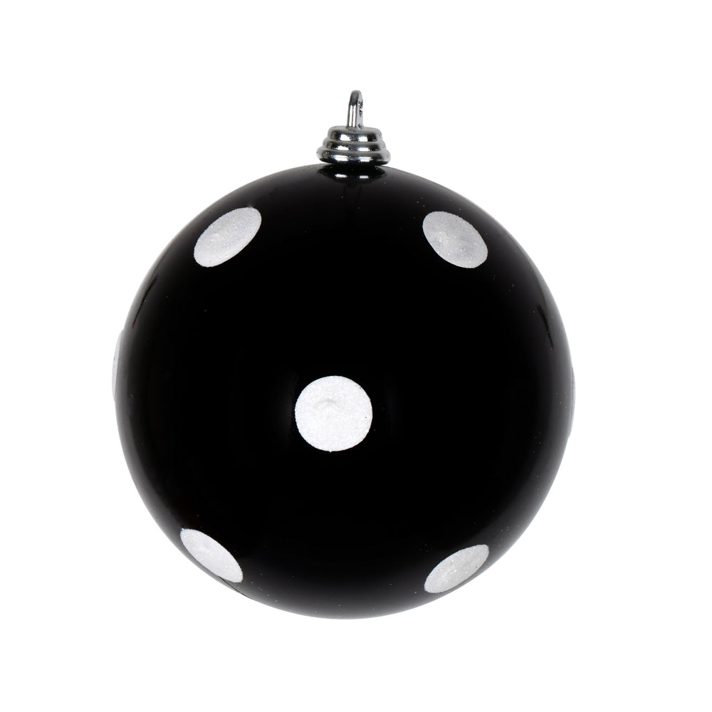 Vickerman 4" Black Candy Finish Ball Ornament with White Glitter Dots 6 per Bag