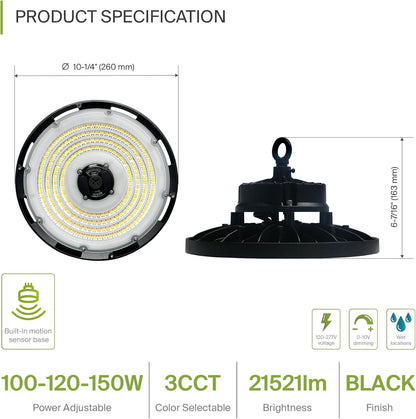 ASD Lighting Q-base LED UFO High Bay Power Adjustable 100/120/150W and CCT Selectable 3000/4000/5000K Dimmable Black UL DLC Premium