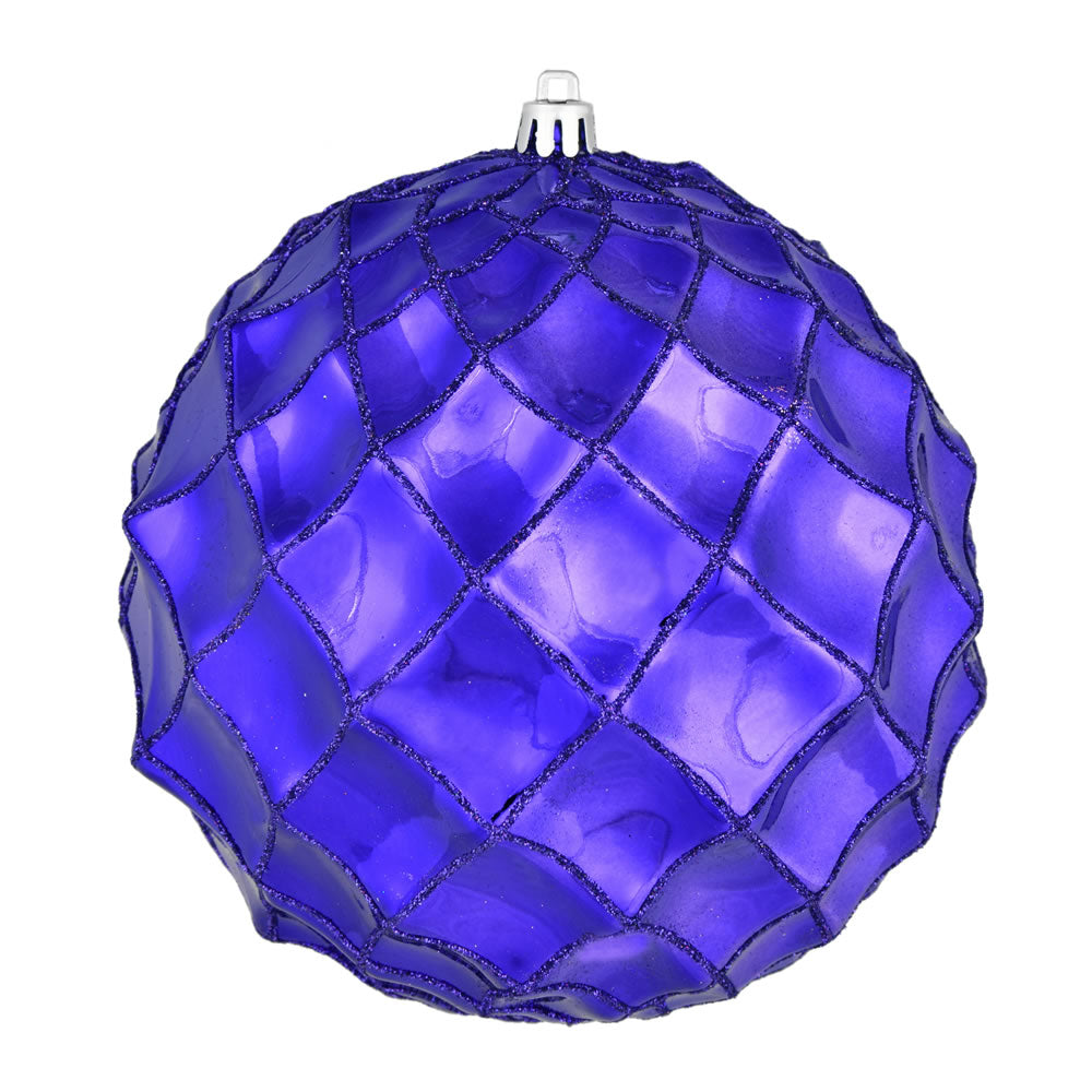 Vickerman 4" Purple Shiny Form Ball Drilled Wired 6/Bag. Add texture and shimmer to your holiday decorating projects with this geometric shaped ball. It features glitter accents along the edges of the geometric pattern. This ornament contains a drilled ca