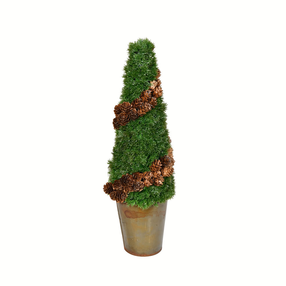 Vickerman 18" Artificial Cone Shape Cedar Tree in Rustic Tin Pot.