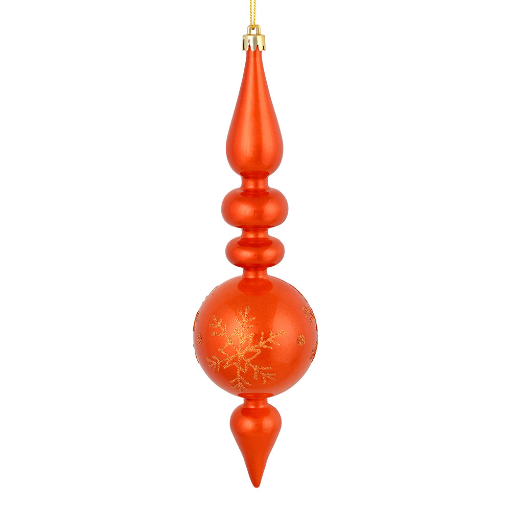 Vickerman 10 by 2.4" Burnished Orange Candy Glitter Snowflake Finial 4/Bag. Add some sparkle and shine to your holiday decorating projects with this 10 inch finial ornament. Made with shatterproof plastic. Ornament has a drilled cap secured with green flo