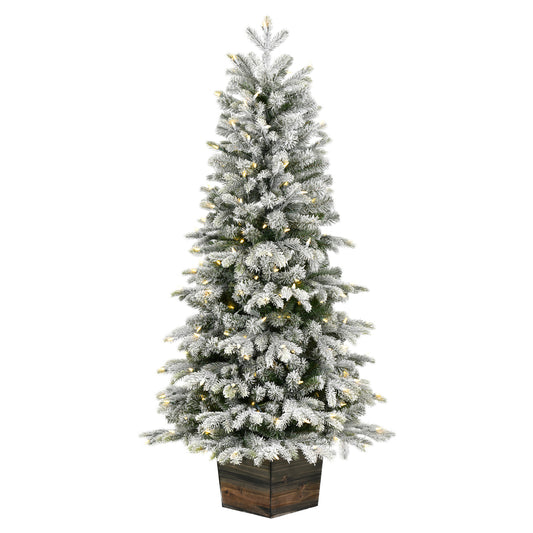 Vickerman 5' x 32" Frosted Wendell Slim Potted Pine Artificial Christmas Tree Warm White LED Lights