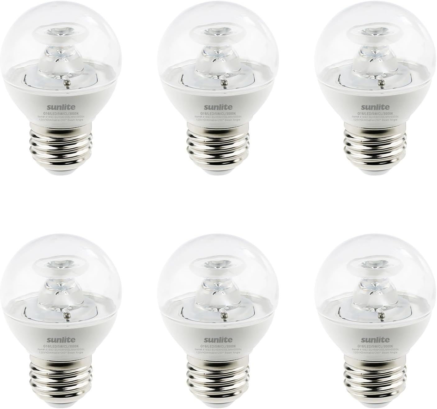 Sunlite LED G16 Decorative Clear Globe Light Bulb, 5 Watts (40W Equivalent), 350 Lumens, Dimmable, Medium E26 Base, 120 Volts, ETL Listed, 260 Degree Beam Angle, 3000K Warm White, 6 Pack