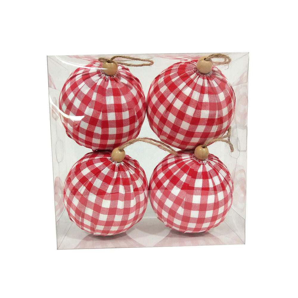 Vickerman 4" Red and White Plaid Cloth Ball Christmas Ornament 4 pieces per box