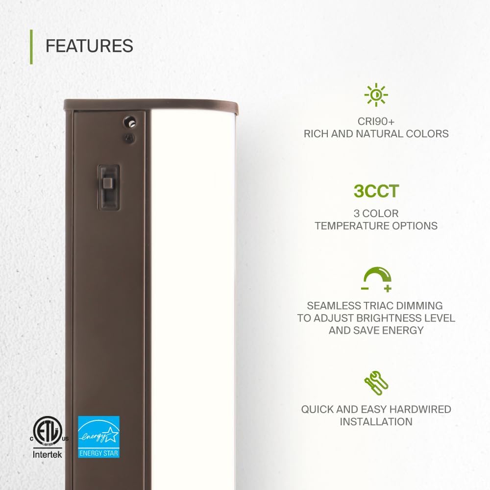 ASD Lighting LED Under Cabinet Bullnose 24" 12W 120V Dimmable CCT Selectable 3000/4000/5000K Hardwired, On/Off Switch, Oil Rubbed Bronze ETL Energy Star