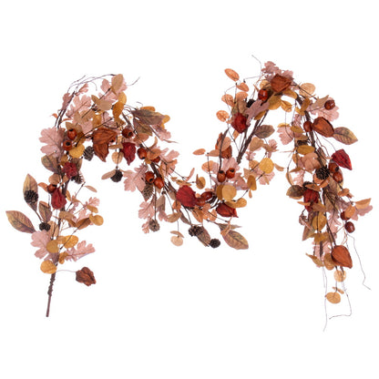 Vickerman 5' Autumn Orange Artificial Assorted Leaf Garland with Maple leaves and Pinecones.