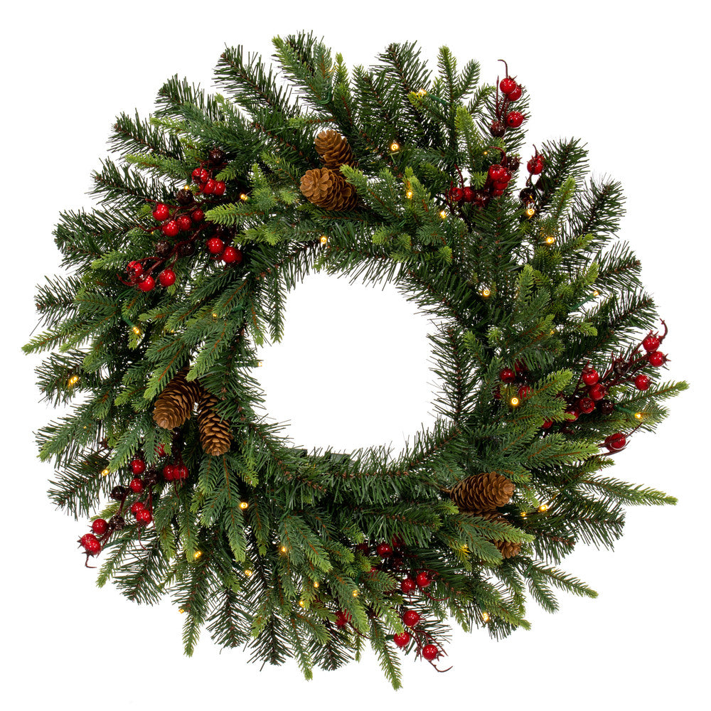 Vickerman 24" Berry Mixed Pine Cone Artificial Pre-Lit Wreath Battery Operated LED Warm White Lights