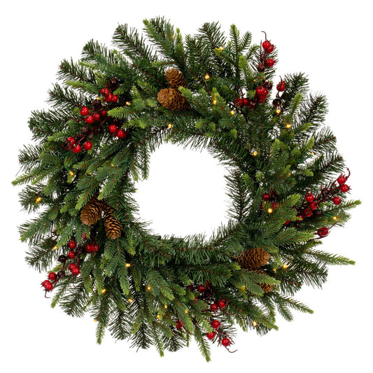 Vickerman 24" Berry Mixed Pine Cone Artificial Pre-Lit Wreath Battery Operated LED Warm White Lights