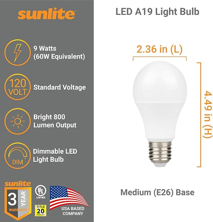 Sunlite LED A19 Light Bulb, 9 Watts (60W Equivalent), 800 Lumens, 120V, Dimmable, Medium E26 Base, Energy Star, 90 CRI, 230 Degree Beam Angle, UL Listed, Title-20 Compliant, 5000K Daylight, 6 Pack