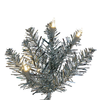 Vickerman 7.5' x 32" Silver Pencil Artificial Pre-Lit Christmas Tree with 450 Dura-Lit® Warm White LED Mini Lights. It measures 90 inches tall, and 28 inches wide, which is considered a pencil profile. This tree boasts 965 tips for a realistic look. Pre-l