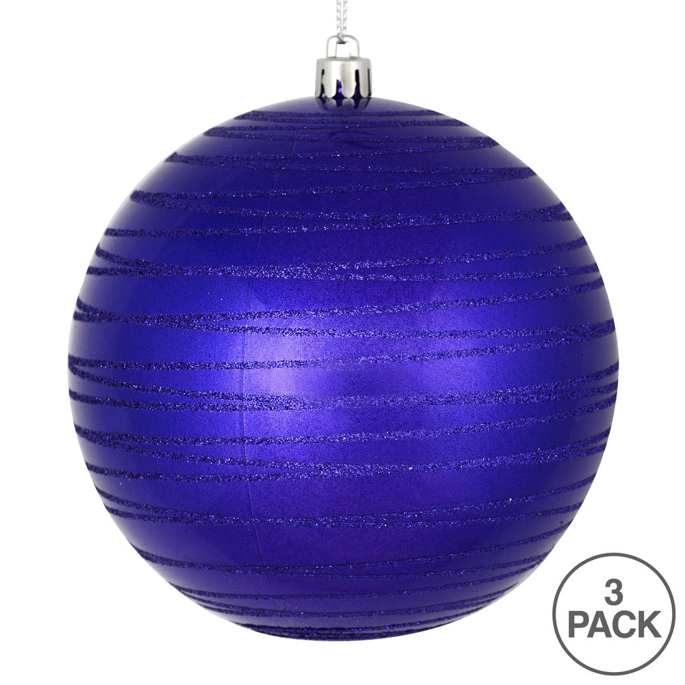 Vickerman 6" Purple Candy Finish Ball Ornament with Glitter Lines 3 per Bag
