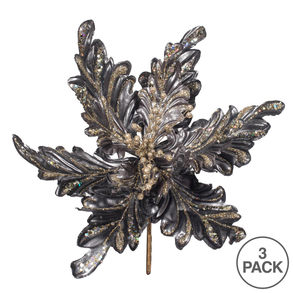 Vickerman 17" Pewter Pearl Glitter Poinsettia Artificial Christmas Stem 3 per Bag