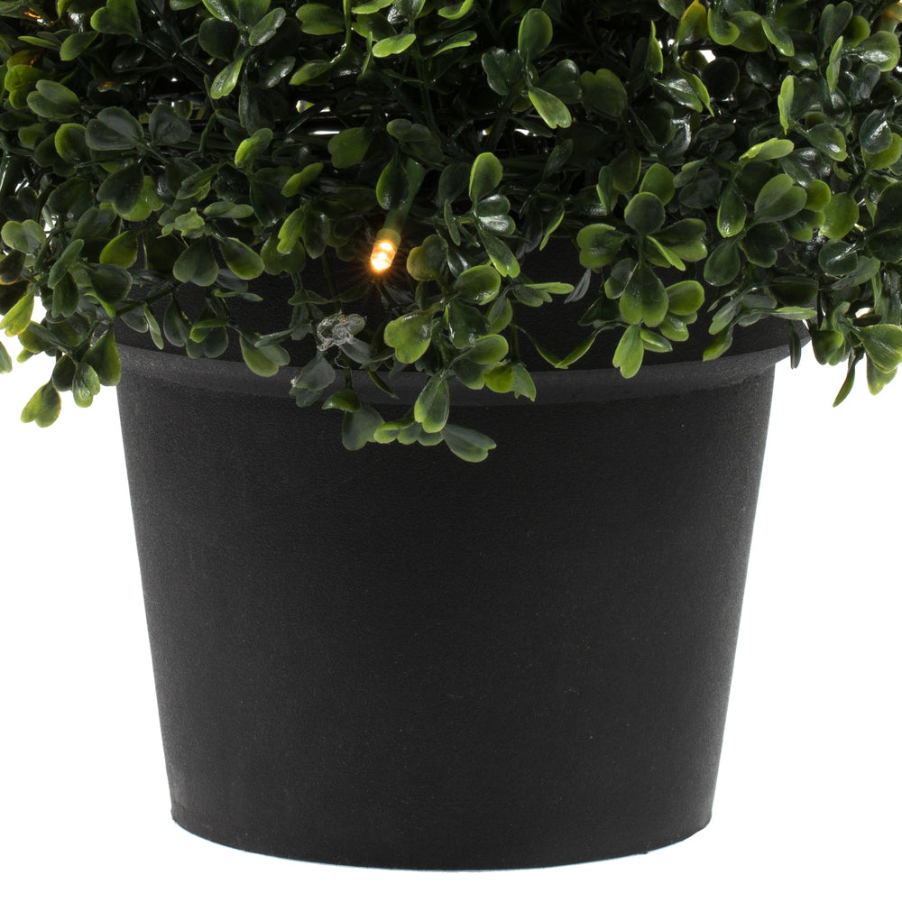 Vickerman 4' Potted Artificial Boxwood Cone with Warm White LED Lghts.