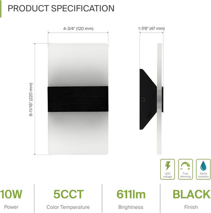 ASD Lighting LED Wall Sconce 10W 120V Triac 2700/3000/3500/4000/5000K Black ETL
