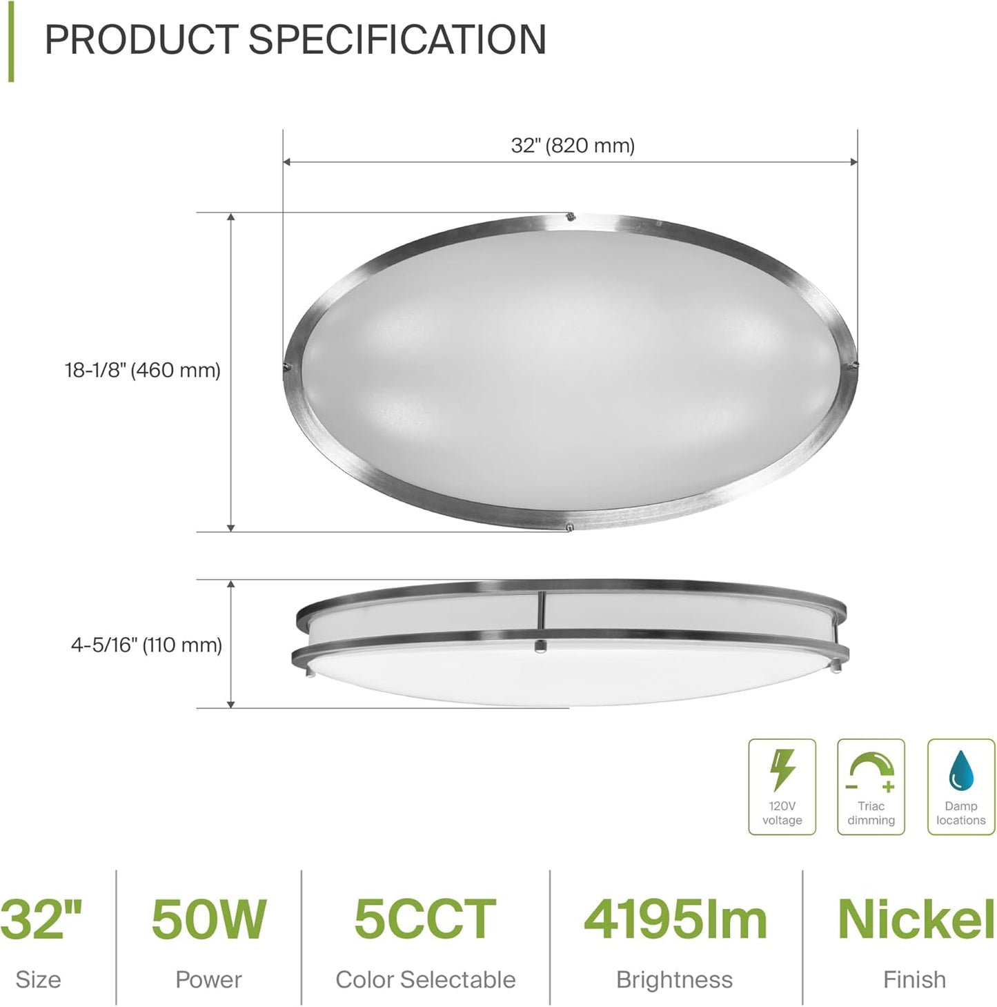 ASD Lighting LED Double Ring Flushmount Oval 32inch 50W 120V Triac 2700/3000/3500/4000/5000K Nickel ETL