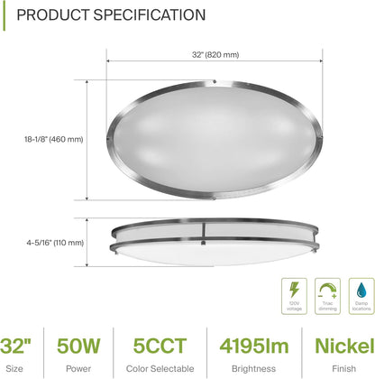 ASD Lighting LED Double Ring Flushmount Oval 32inch 50W 120V Triac 2700/3000/3500/4000/5000K Nickel ETL