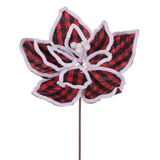 Vickerman 11" Black and Red Plaid Flower with White Outline on Stem 6 per bag.