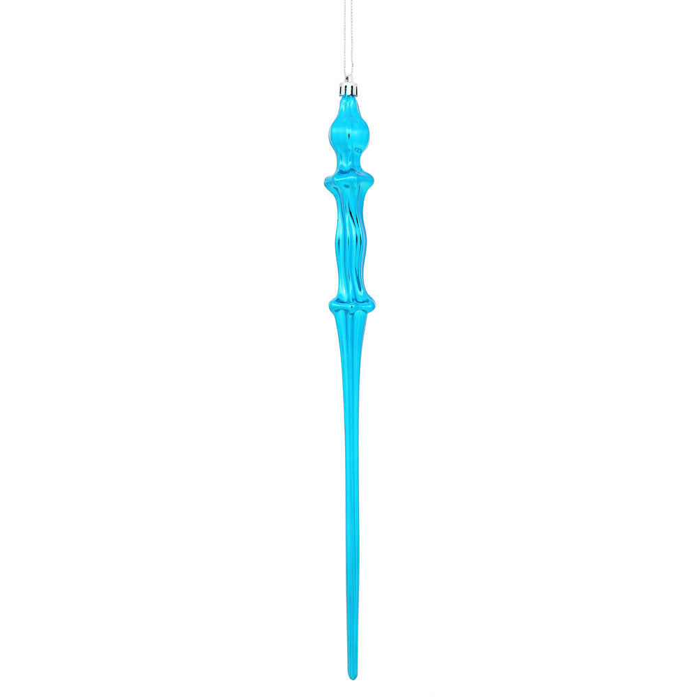 Vickerman 15.7" Turquoise Shiny Icicle Ornament with drilled and wired caps. Comes 3 per Box.