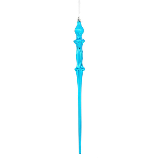 Vickerman 15.7" Turquoise Shiny Icicle Ornament with drilled and wired caps. Comes 3 per Box.