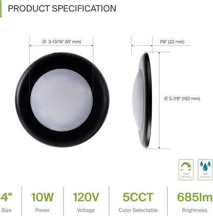 ASD Lighting LED Disk Light 4inch 10W 120V Triac 2700/3000/3500/4000/5000K Black UL Energy Star 12 pack