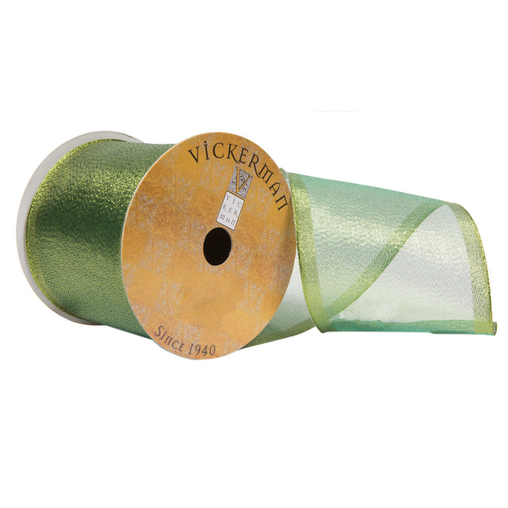 Vickerman 4" x 10 Yards Green-Gold Stripe Sheer Wired Edge Christmas Ribbon.