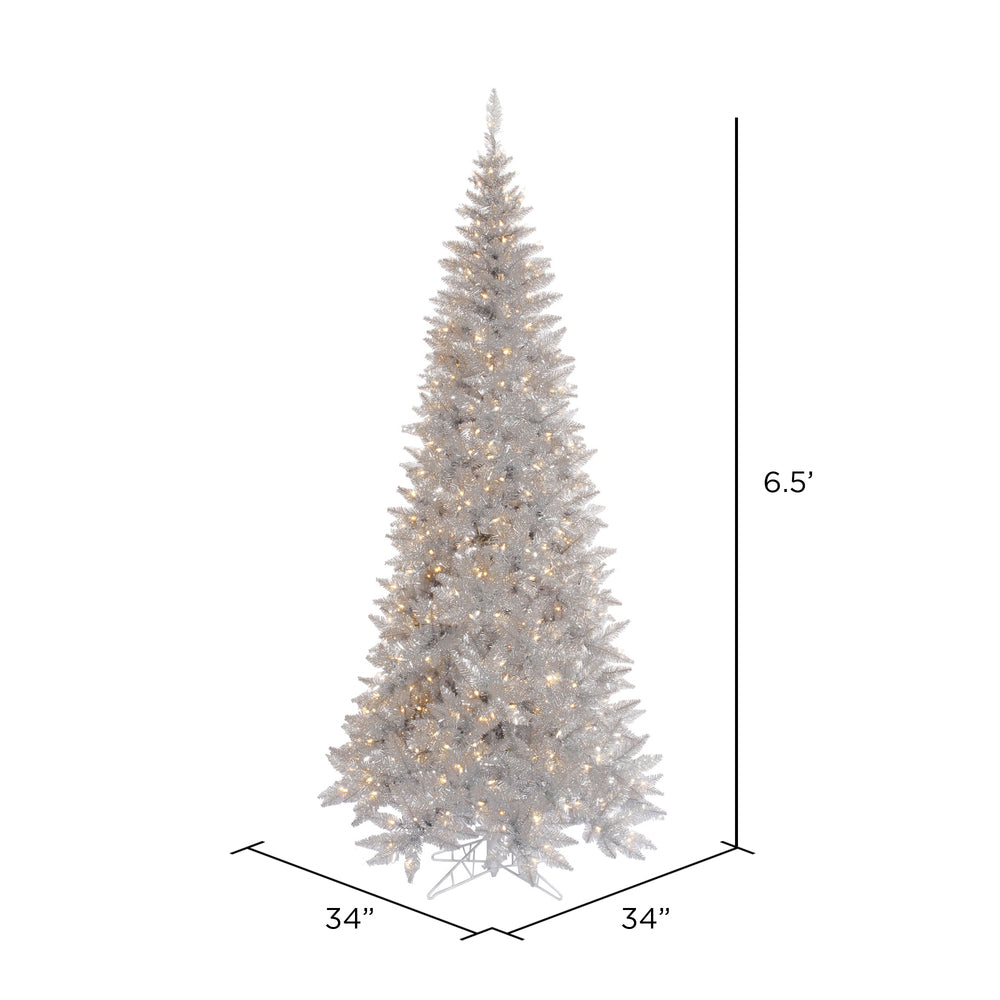 Vickerman 6.5' Silver Tinsel Fir Slim Artificial Christmas Tree Warm White Dura-lit LED Lights