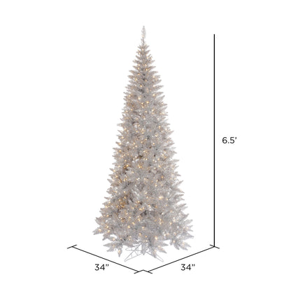 Vickerman 6.5' Silver Tinsel Fir Slim Artificial Christmas Tree Warm White Dura-lit LED Lights