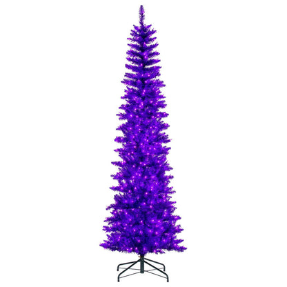 Vickerman 7.5' x 32" Purple Pencil Artificial Pre-Lit Christmas Tree with 450 Dura-Lit® Purple LED Mini Lights. It measures 90 inches tall, and 28 inches wide, which is considered a pencil profile. This tree boasts 965 tips for a realistic look. Pre-lit w