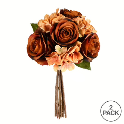 Vickerman 13" Artificial Brown Rose and Hydrangea Bouquet Pack of 2