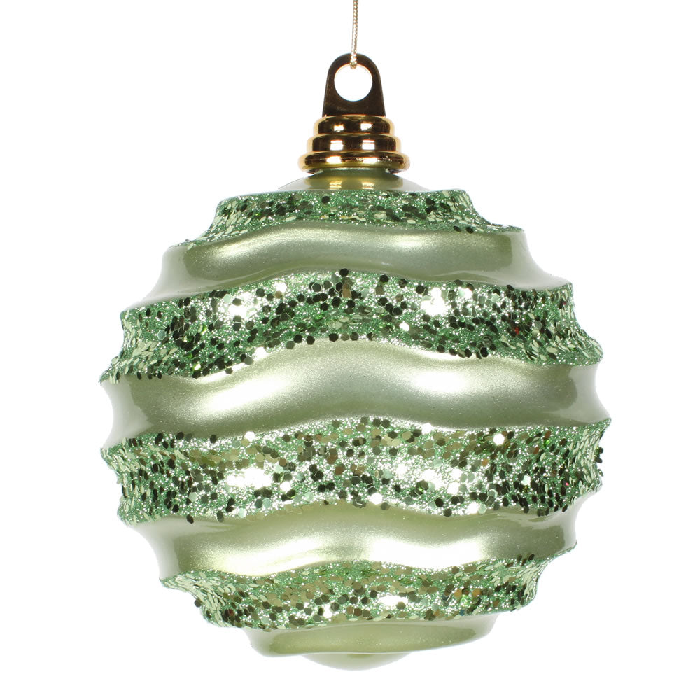 Vickerman 8' Celadon Stripe Candy Finish Wave Ball Christmas Ornament with Glitter Accents