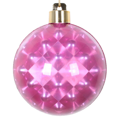 Vickerman 4" Cerise Glitter Reflector Ornament 4/Bag. These ornaments feature a reflective effect with a glitter stripe accent. They are the perfect addition to any holiday decorating project. Includes 4 pieces per pack.