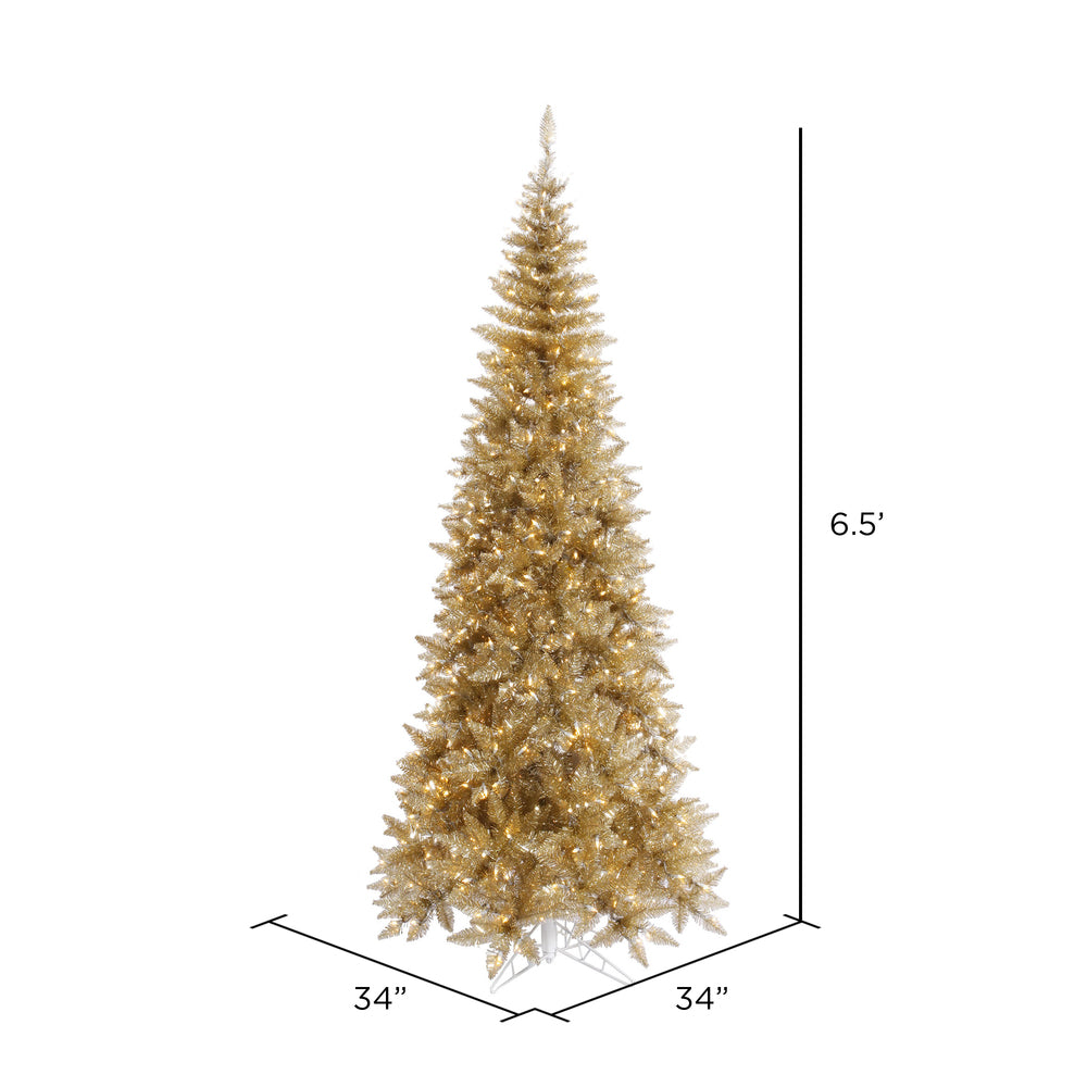 Vickerman 6.5' Champagne Tinsel Fir Slim Artificial Christmas Tree Warm White Dura-lit LED Lights