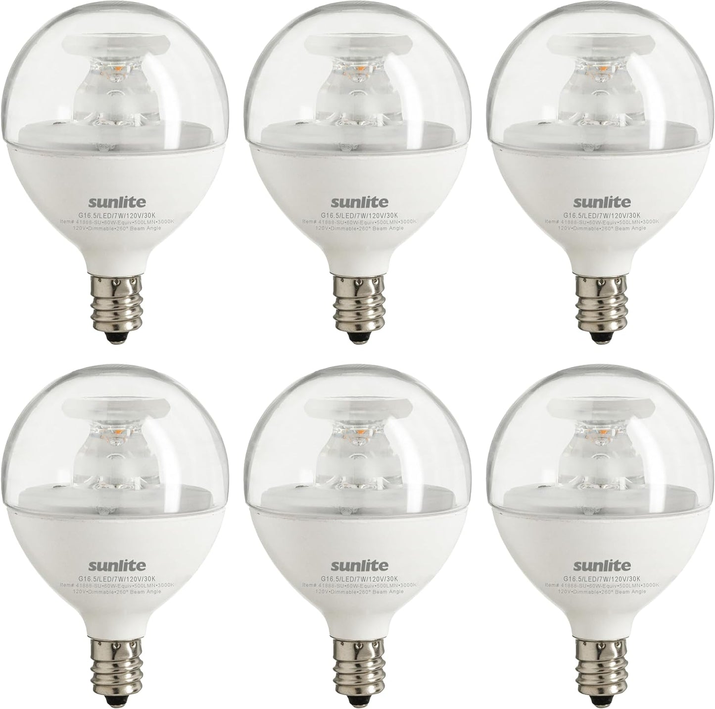 Sunlite LED G16.5 Clear Globe Light Bulb, 7 Watts (60W Equivalent), 500 lumens, Dimmable, Candelabra Base (E12), 120 Volts, ETL Listed, 260 Degree Beam Angle, 3000K Warm White, 6 Pack