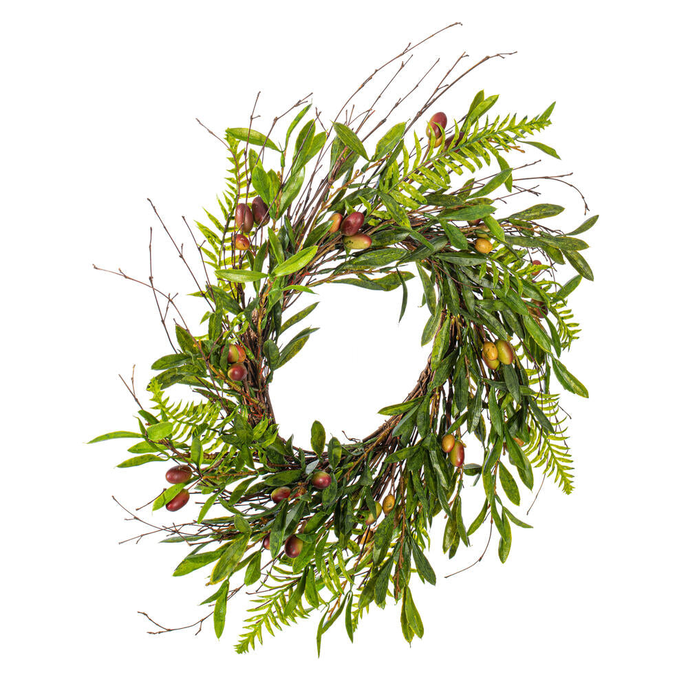 Vickerman 22" Artificial Green Olive Wreath. Features green foliage with dark orange olives.