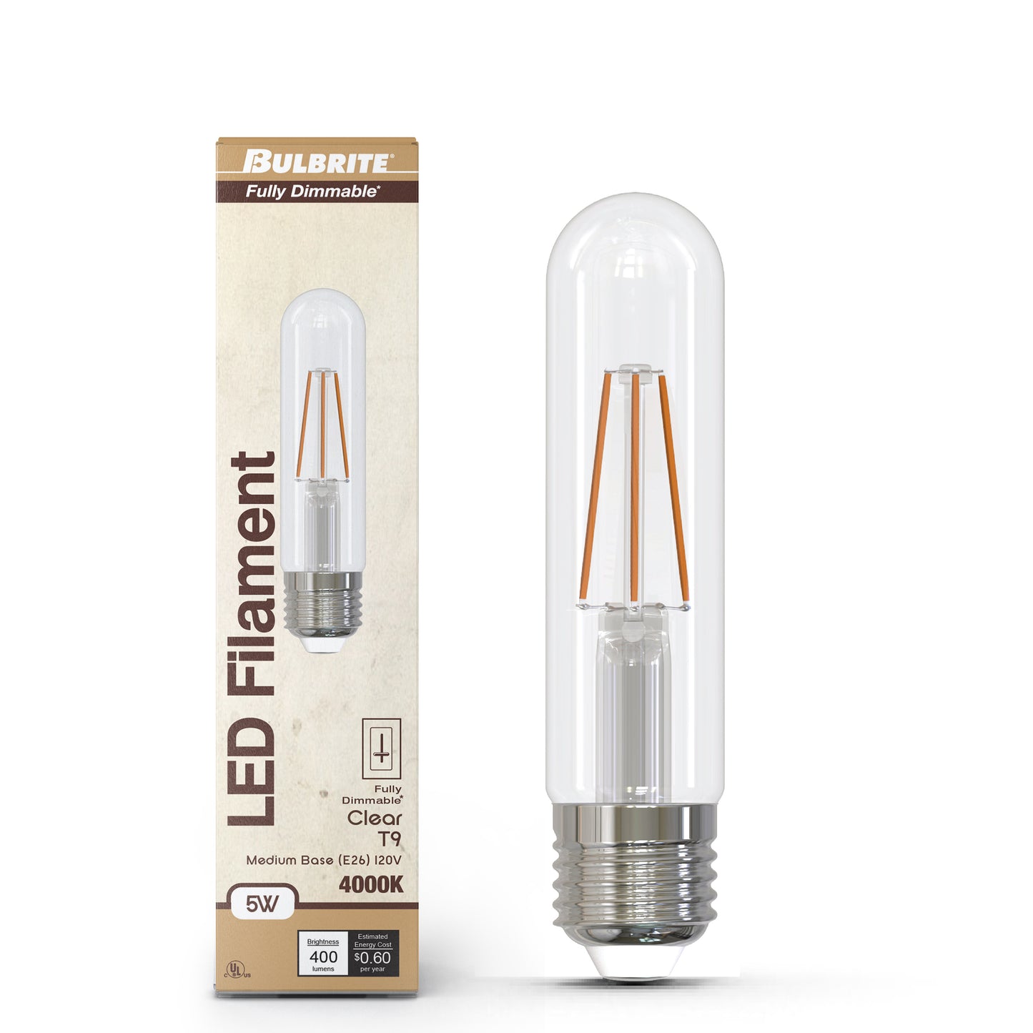 Bulbrite 862102 LED Filament Pack of (4) 5 Watt Dimmable T9 5” Light Bulb with Clear Glass Finish and Medium (E26) Base - 4000K (Cool White Light), 400 Lumens