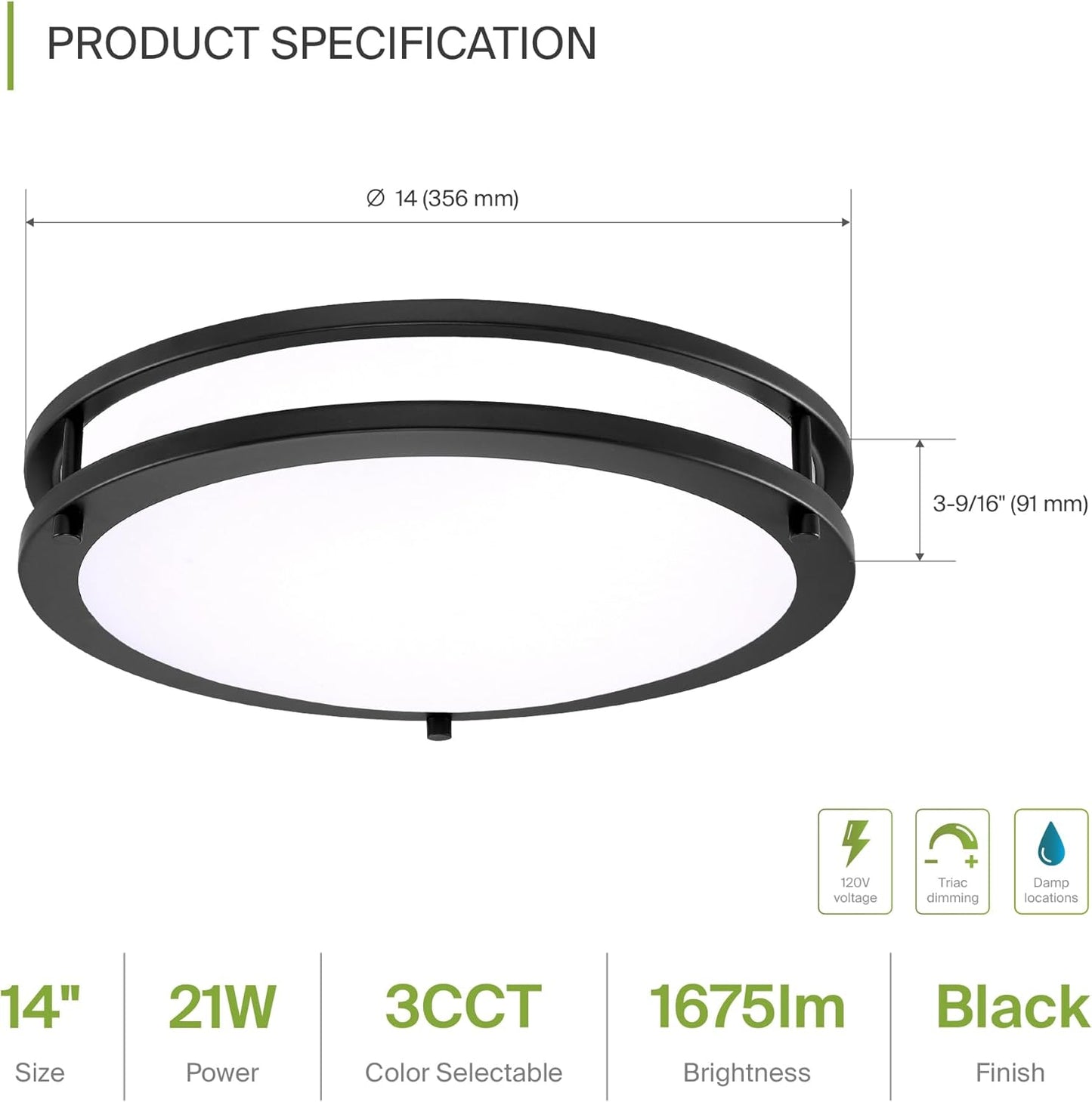 ASD LED Double Ring Flushmount 14" 21W 120V CCT Selectable 3000/4000/5000K Dimmable Black ETL Energy Star