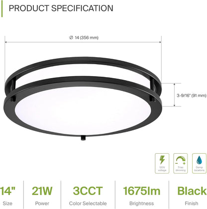 ASD LED Double Ring Flushmount 14" 21W 120V CCT Selectable 3000/4000/5000K Dimmable Black ETL Energy Star