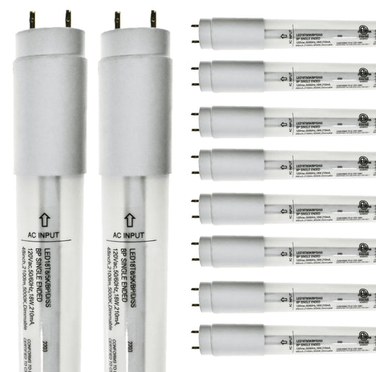 Damar- 4Ft T8 LED Tube Light Bulb Type B Single Ended Ballast Bypass Safety Shielded 18W 2100 Lumens 5000K Bright White Dimmable G13 Bi-Pin Base 120V ETL Listed Pack of 10- Fluorescent Replacement