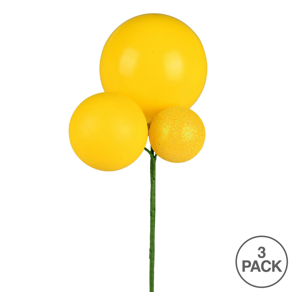 Vickerman 18" Yellow Ball Ornament Christmas Pick Set of 3