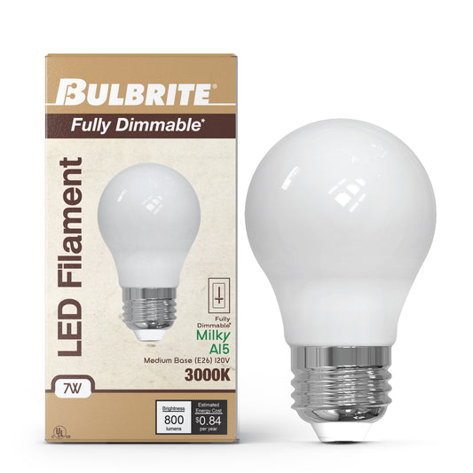 Bulbrite 862060 LED Filament Pack of (4) 7 Watt Dimmable A15 Light Bulb with Milky Glass Finish and Medium (E26) Base - 3000K (Soft White Light), 800 Lumens