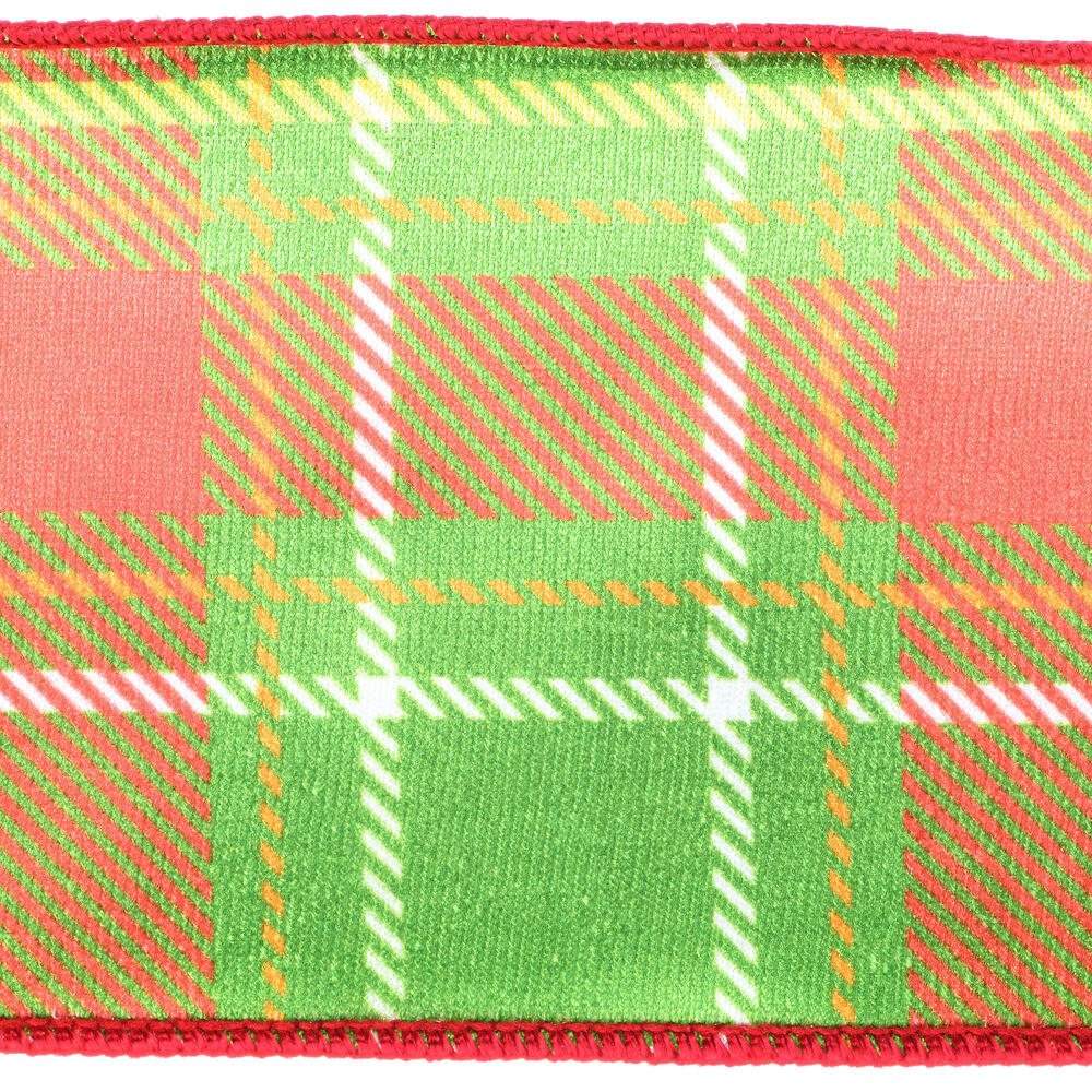 Vickerman 4" x 10 yd Green/Yellow/Plaid Wired Edge Christmas Ribbon.