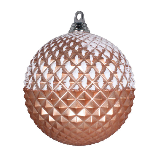 Vickerman 12" Rose Gold Glitter Candy Durian Ball Ornament. This durian ball features a candy finish and a beveld texture with white and glitter accents.