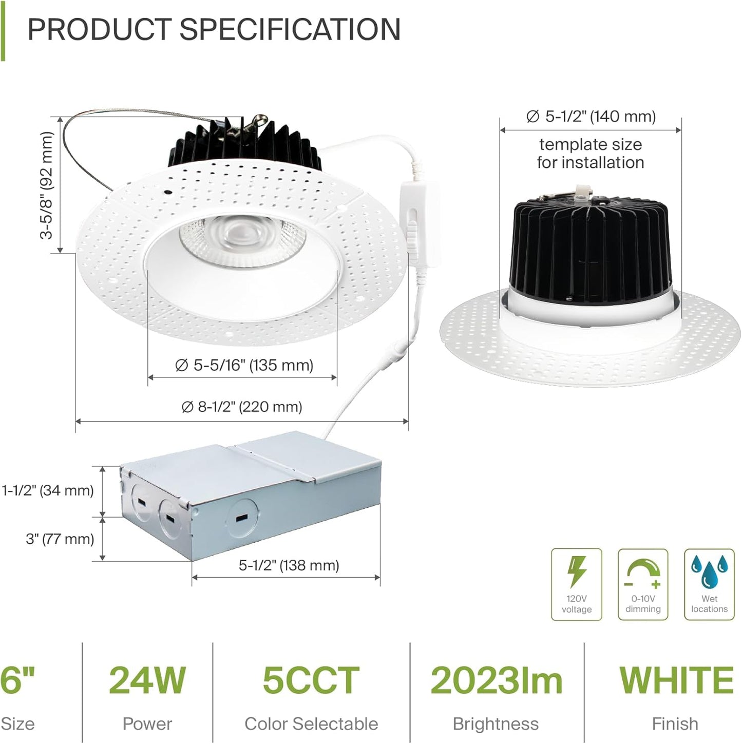 ASD Lighting LED Trimless Downlight Round 6inch 24W 120-277V 0-10V Dimmable 2700/3000/3500/4000/5000K White ETL Energy Star