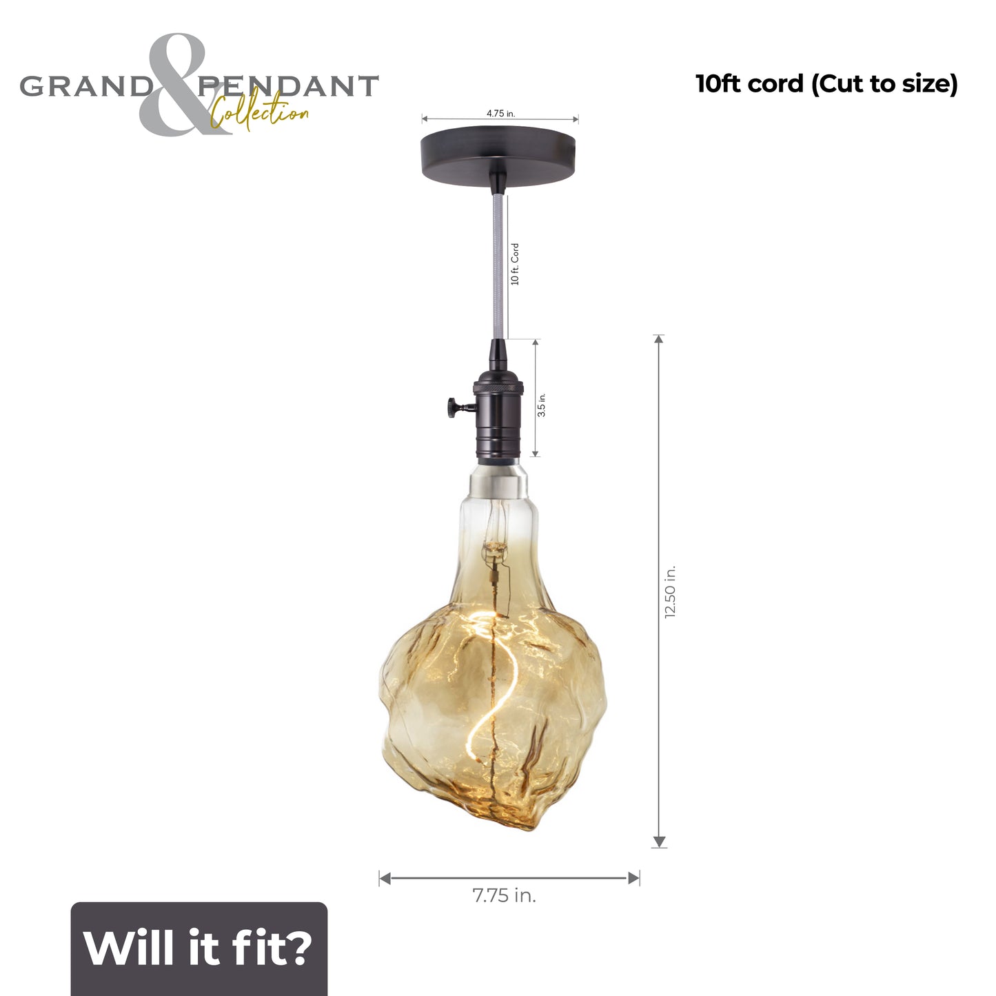 Bulbrite LED Grand Bulb and Pendant Kit of (1) 4 Watt Antique Glass 13" Glacier Shaped Bulb and (1) Gunmetal Black Open Socket Pendant on Silver Fabric Braided Cord - 2000K (Amber Light)