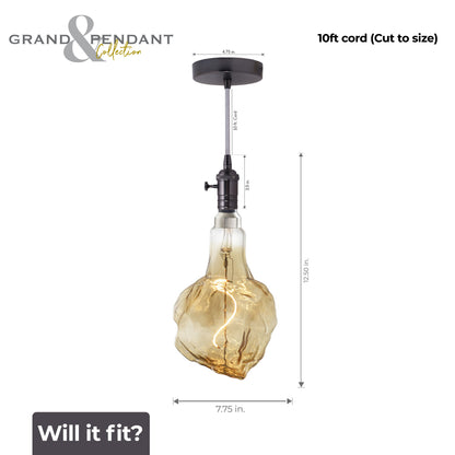 Bulbrite LED Grand Bulb and Pendant Kit of (1) 4 Watt Antique Glass 13" Glacier Shaped Bulb and (1) Gunmetal Black Open Socket Pendant on Silver Fabric Braided Cord - 2000K (Amber Light)