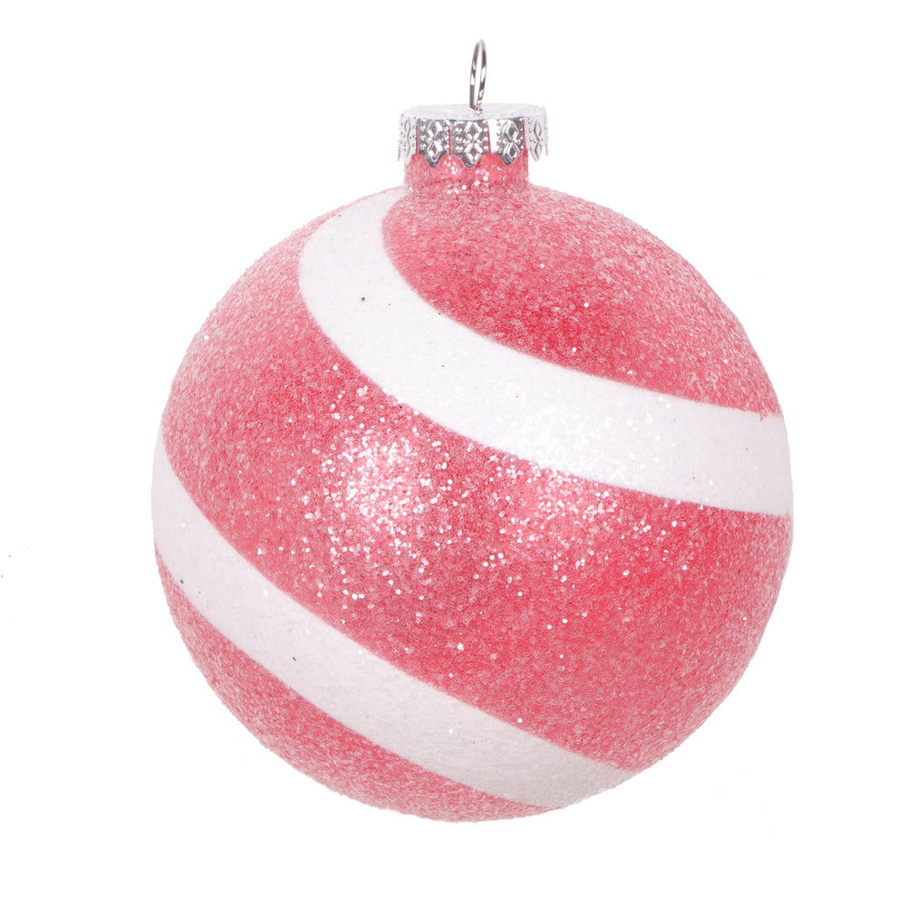 Vickerman 4" Red and White Swirl Sugar Glitter Ball Ornament 4 per bag.